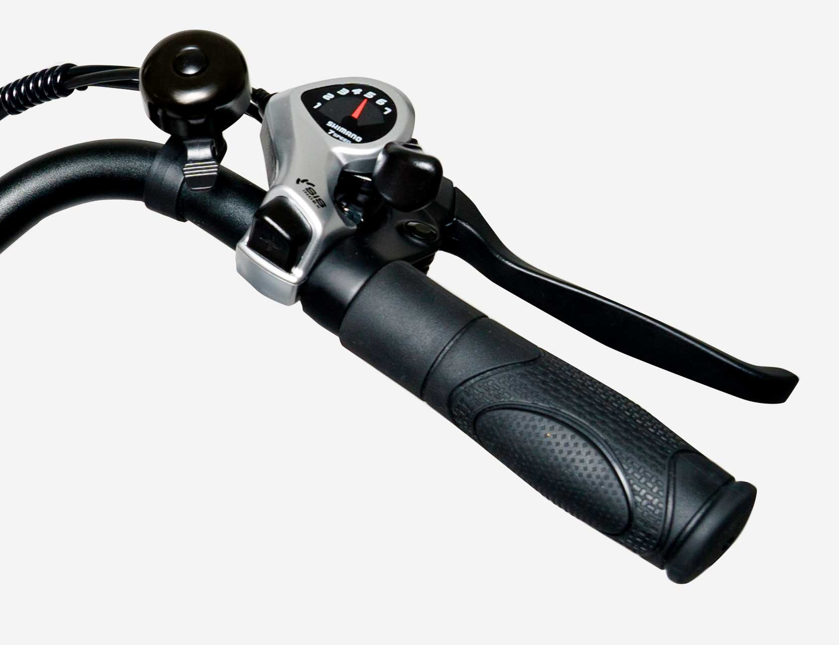 Poignée droite, manette de passage de vitesse, sonnette, manette de freins